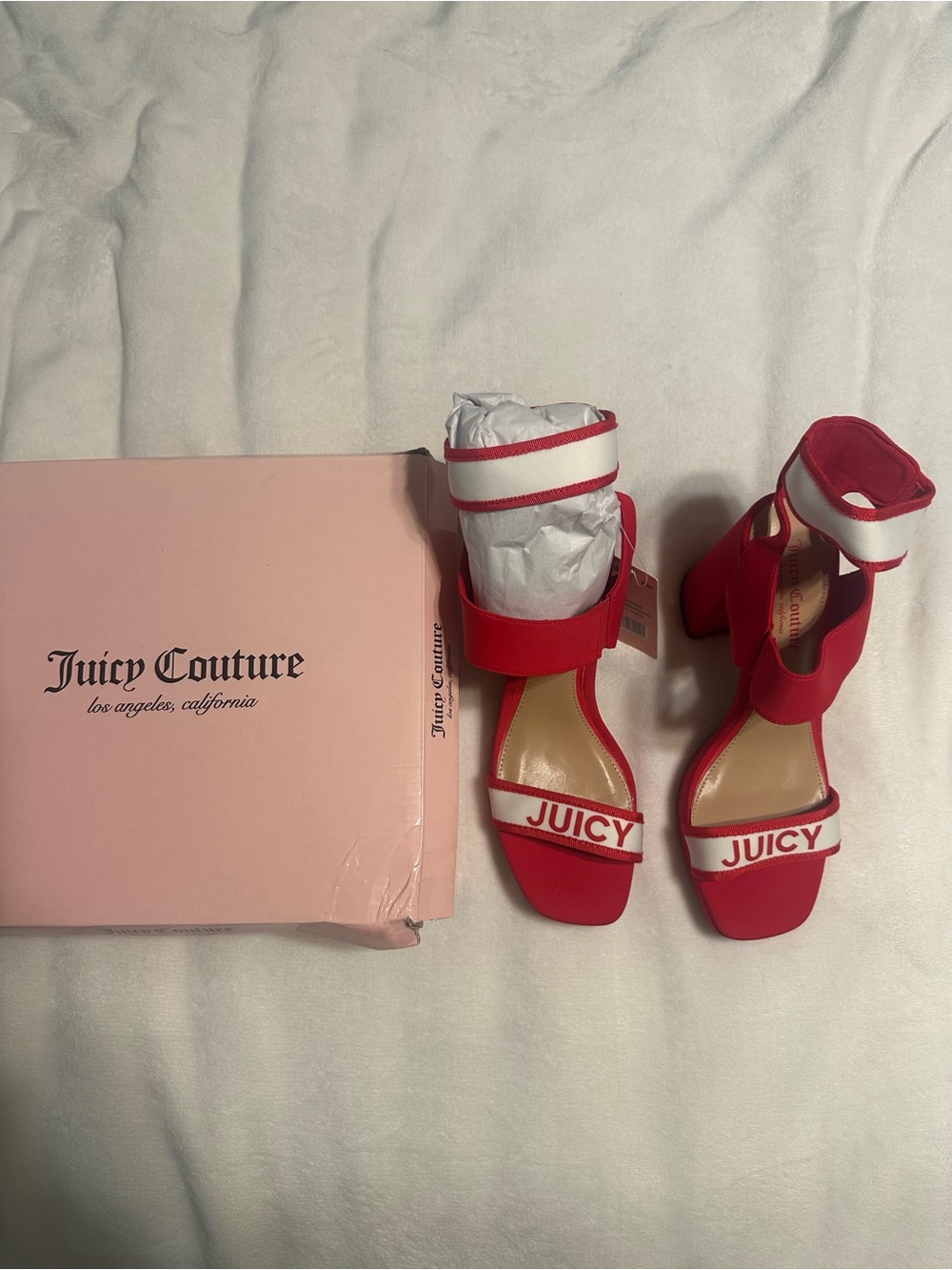 Juicy Couture Red and White Block Heel Sandals with smudge